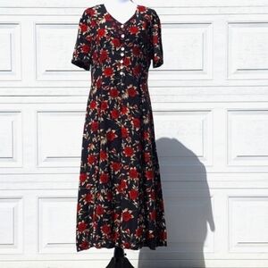 Vintage 90's J.B.S. Ltd Black Red Rose Floral Layered Front Maxi Dress Size 16